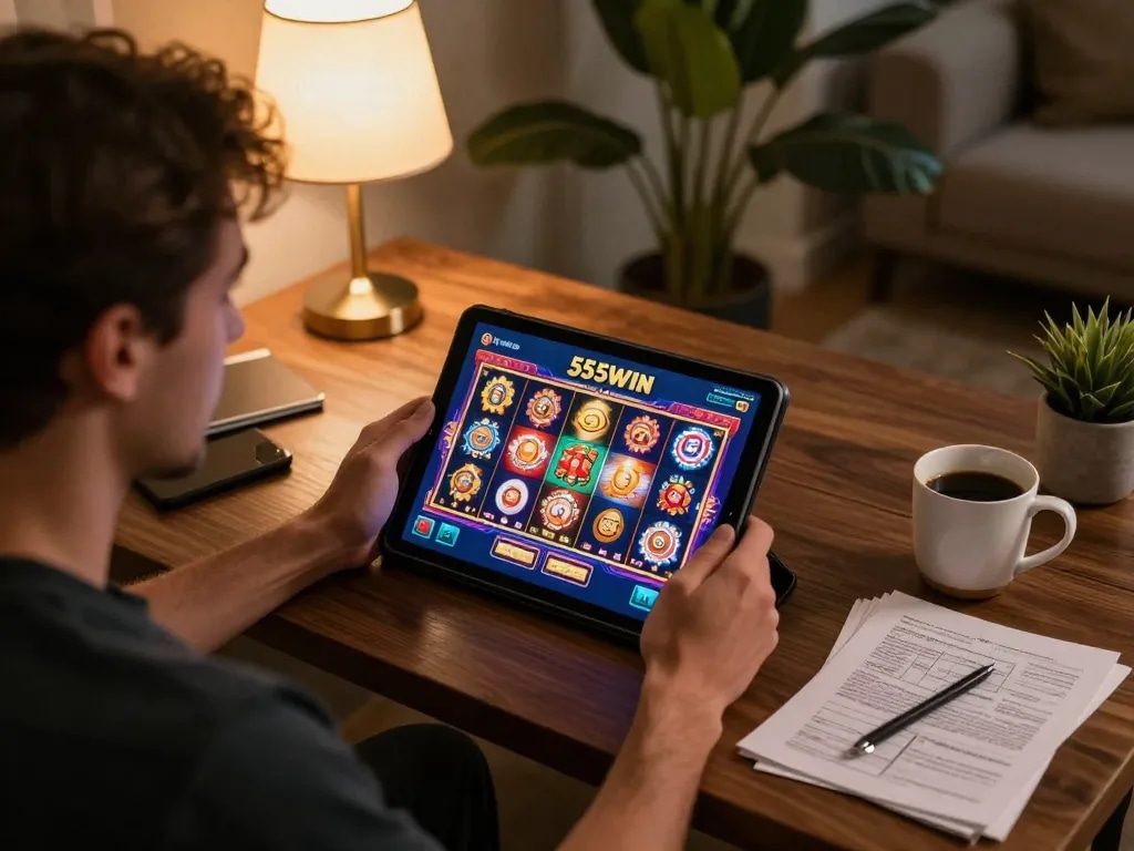 Intense gamer enjoying 555WIN online casino on tablet, surrounded by cozy ambiance and strategy notes.
