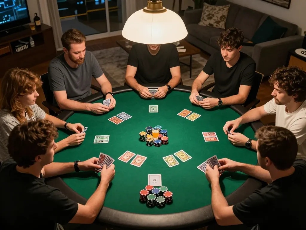 Topzo gamers enjoying an exciting poker night with friends and snacks in a cozy setting