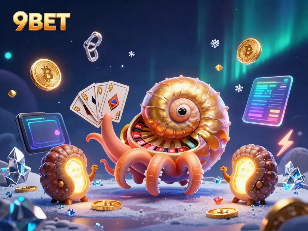 Experience the excitement of 9BET with a giant nautilus roulette wheel and glowing crypto coins