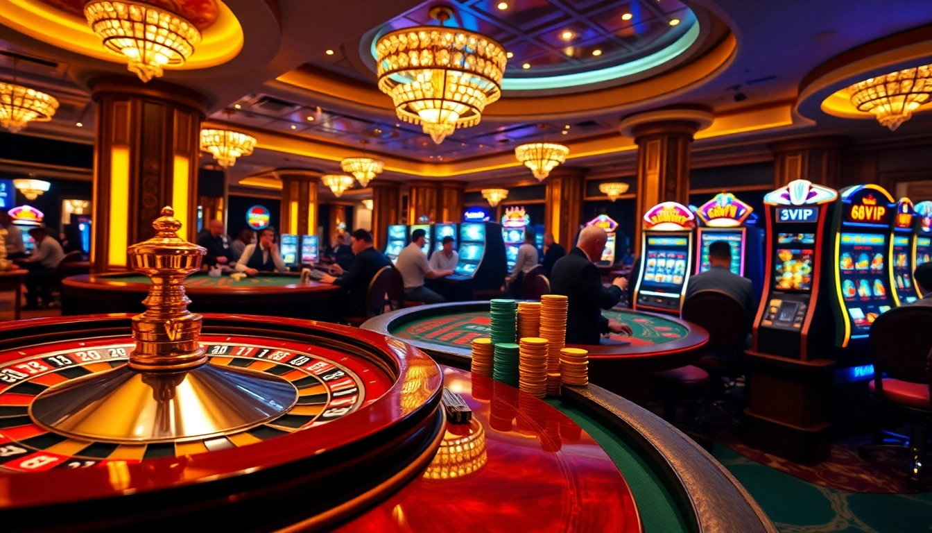 Exciting gambling scene featuring 68VIP poker chips, roulette wheel, and players at a luxury casino.
