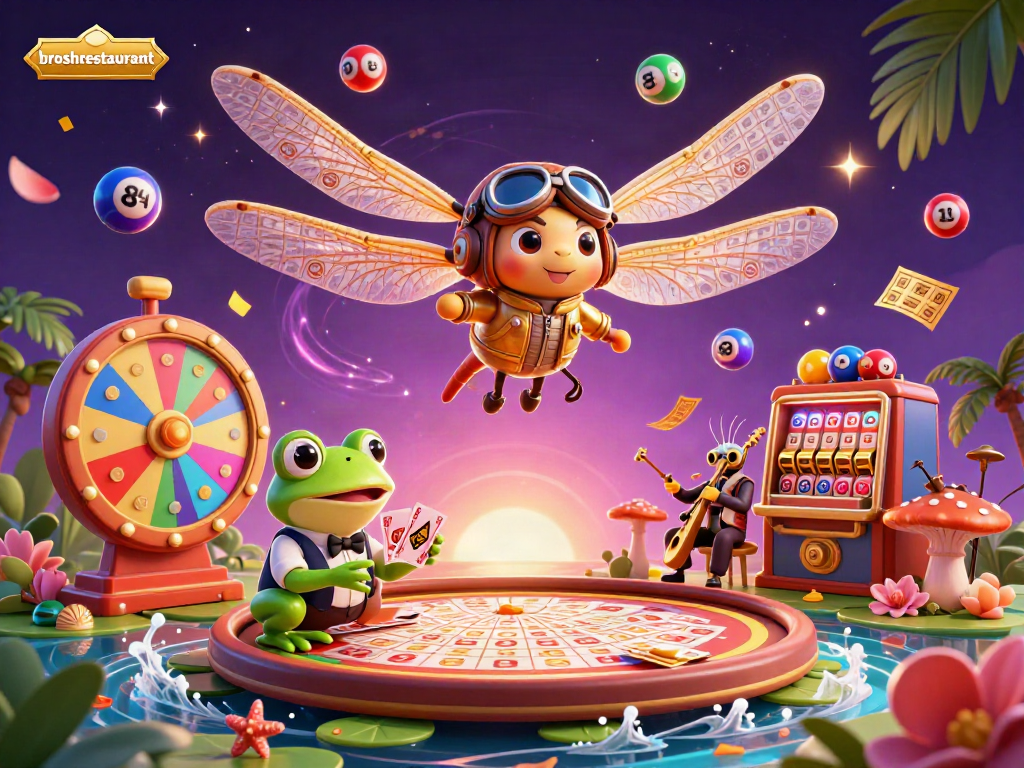 Experience the vibrant energy of broshrestaurant's casino scene featuring a dragonfly pilot and frog croupier.