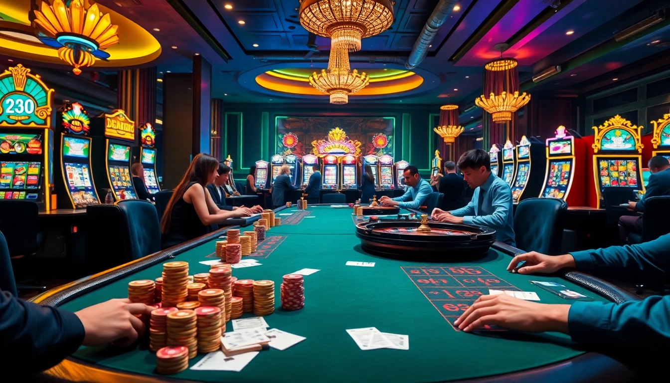 Exciting gambling scene at qq88 asia featuring poker tables, colorful chip stacks, and lively players.