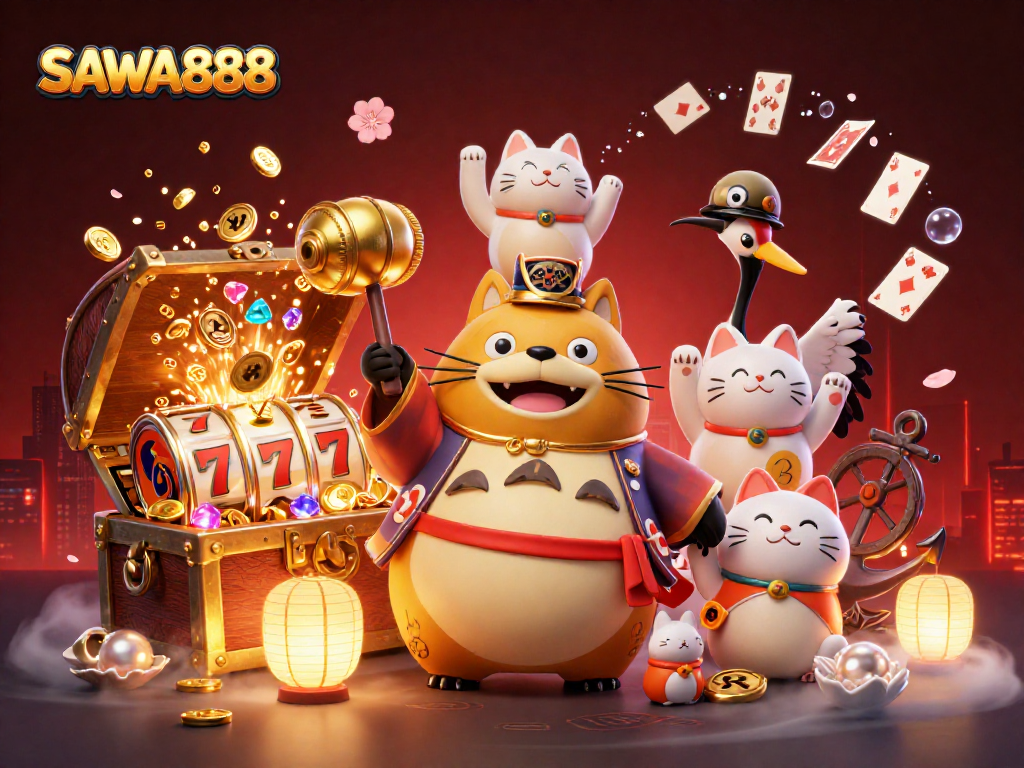 SAWA888 players enjoy dynamic slot games surrounded by lucky symbols and vibrant characters in this vibrant illustration.