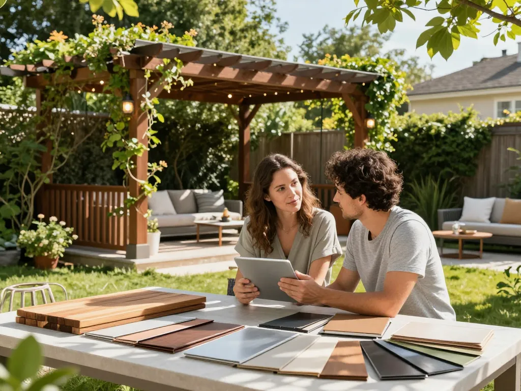 Couple using a pergola configurator to design their dream outdoor space.