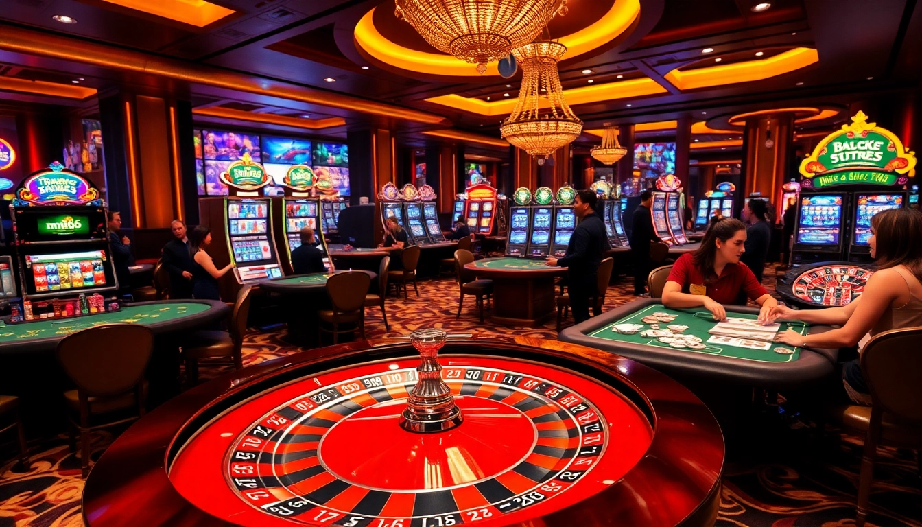 Players enjoying high-stakes games in a luxurious casino environment featuring mm66 branded elements.