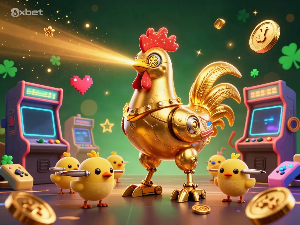 Engage with 8xbet's vibrant 3D casino scene featuring a golden rooster robot and baby chick drones.