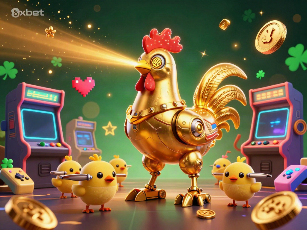 Engage with 8xbet's vibrant 3D casino scene featuring a golden rooster robot and baby chick drones.