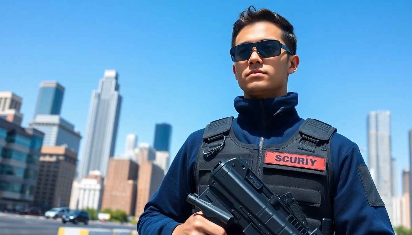 Personal security guard overseeing an urban area, showcasing vigilance and safety.