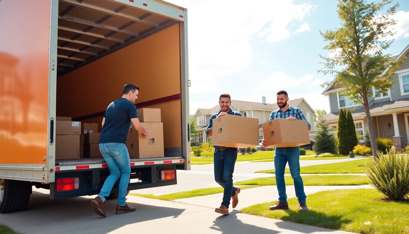Efficient moving companies calgary team loading boxes into a moving truck in a sunny neighborhood.