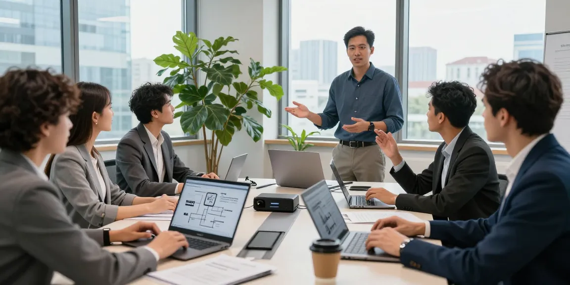 Collaborative team discussing hosted VoIP phone systems for small businesses in a modern office.