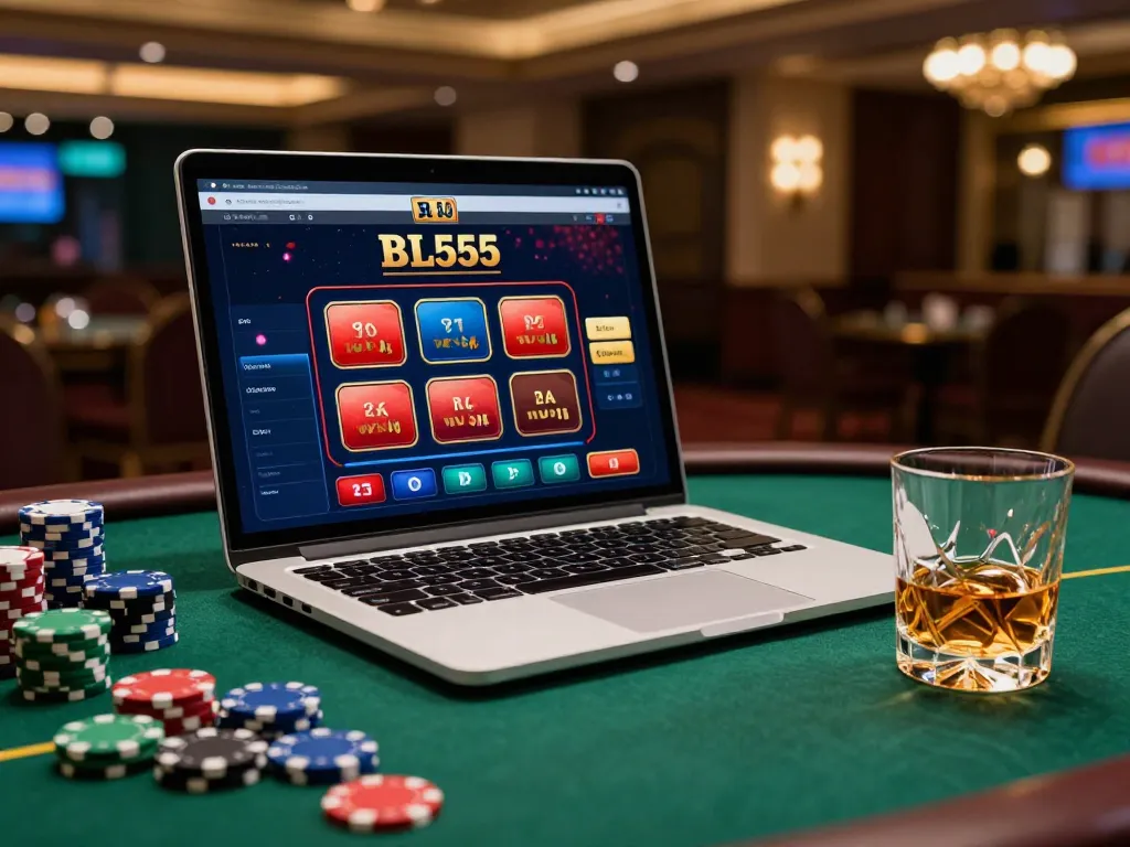 Playing at BL555 online casino, showcasing thrilling desktop gaming atmosphere with vibrant interface and poker chips.