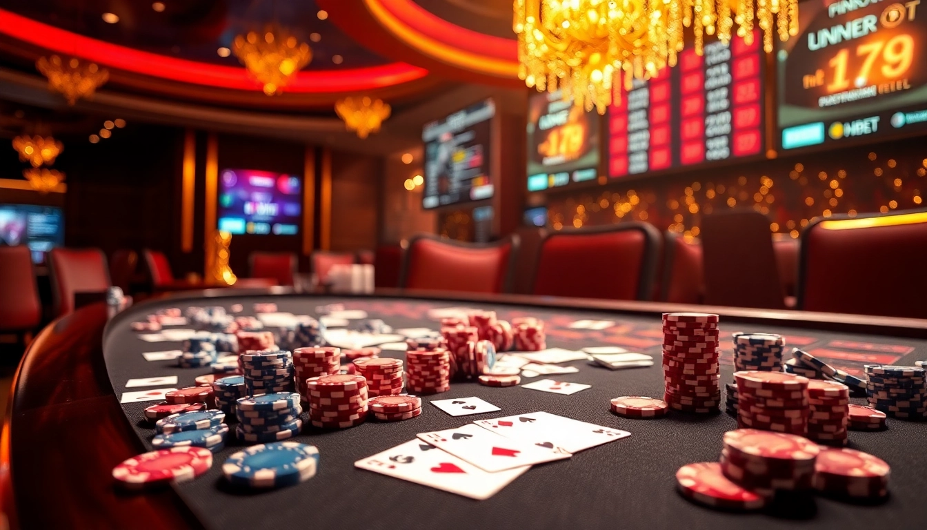 Experience excitement at i9bet with a luxurious casino table, poker chips, and a roulette wheel.