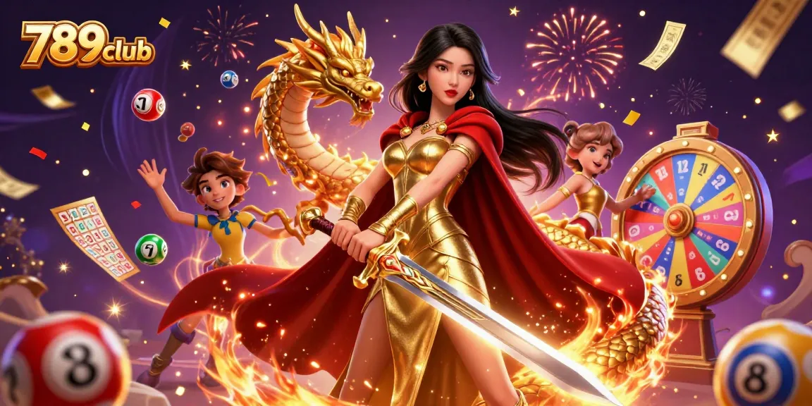 Experience thrilling gameplay at 789club with vibrant lottery balls and a warrior queen amidst dynamic energy.