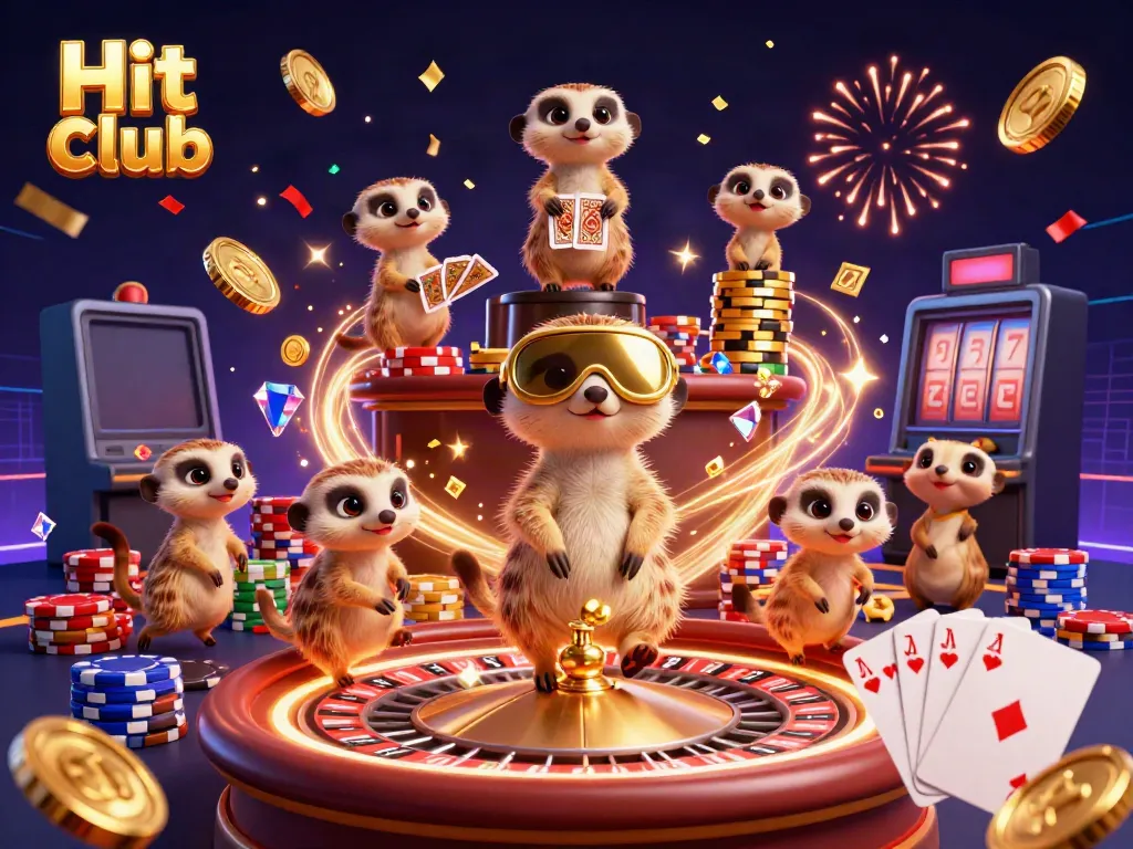 Experience the excitement at Hit club with a bustling meerkat casino scene illustrating fun and winning.