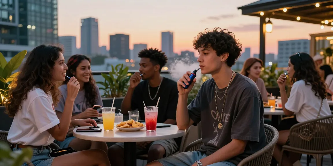 Social gathering with friends enjoying rokok88 in vibrant urban setting at sunset.