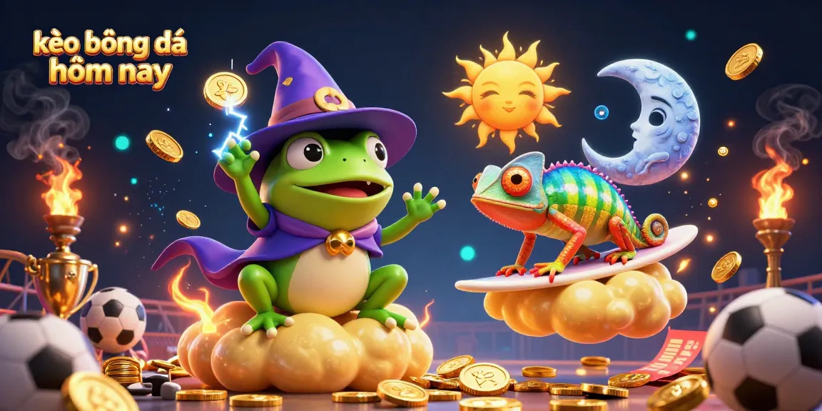 Kèo bóng đá hôm nay showcases an exciting sports betting scene with golden coins and dynamic elements.