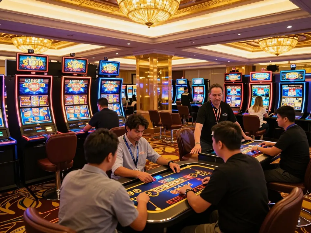 Players enjoying the sc88 online casino experience, engaging with vibrant slot machines in a luxurious setting.