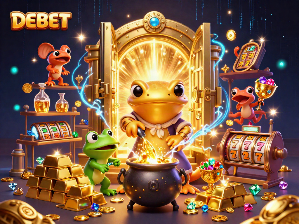 Place bets and win big with DEBET's immersive casino adventure featuring golden alchemy.