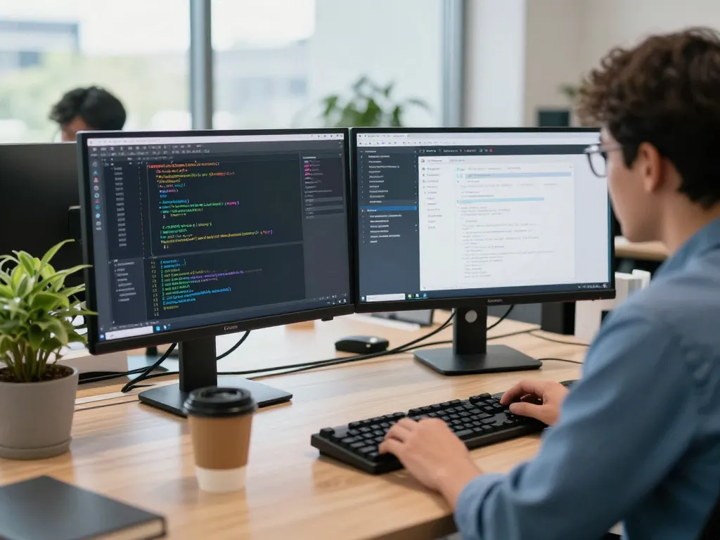 快连 software development workspace with dual monitors, code and application interfaces.