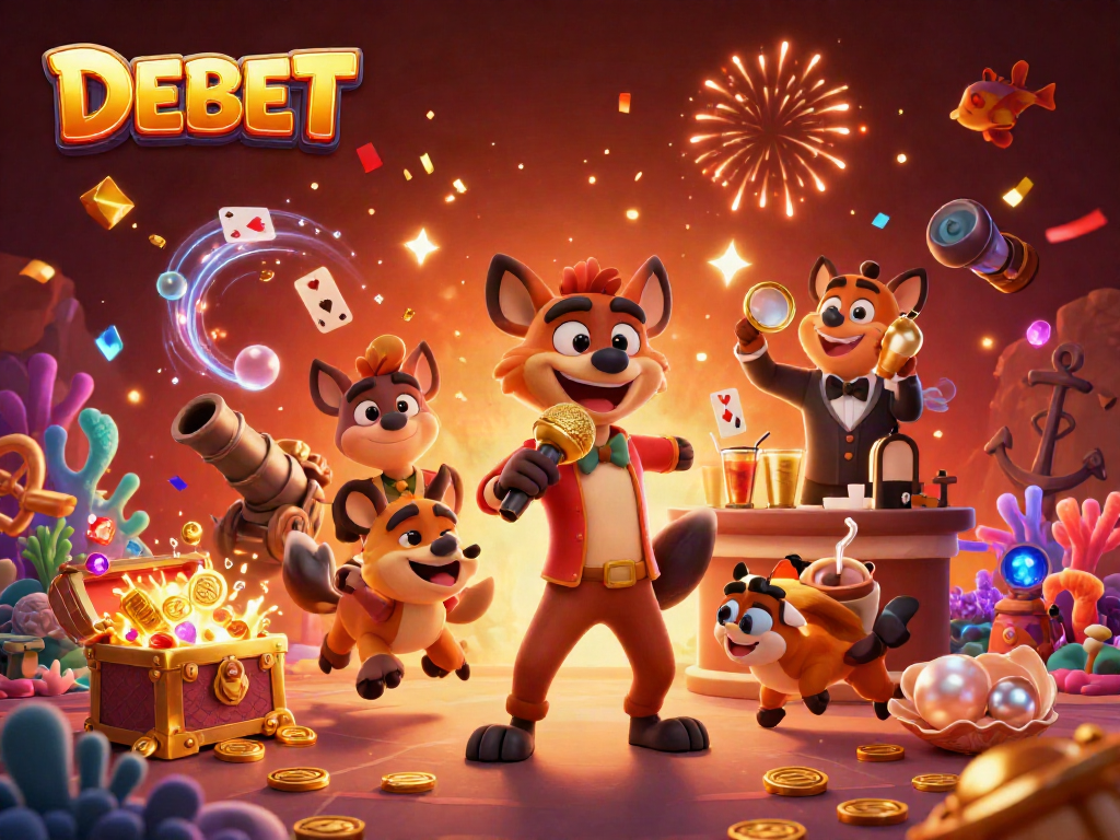 A dynamic 3D casino scene featuring DEBET hyenas performing comedy, mixing drinks, and checking IDs amidst colorful game elements.