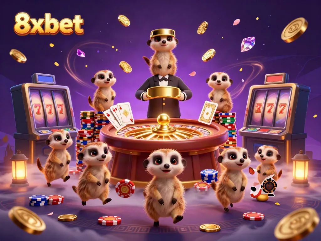 Experience vibrant casino excitement with 8xbet's lively meerkat characters in a whimsical 3D illustration.
