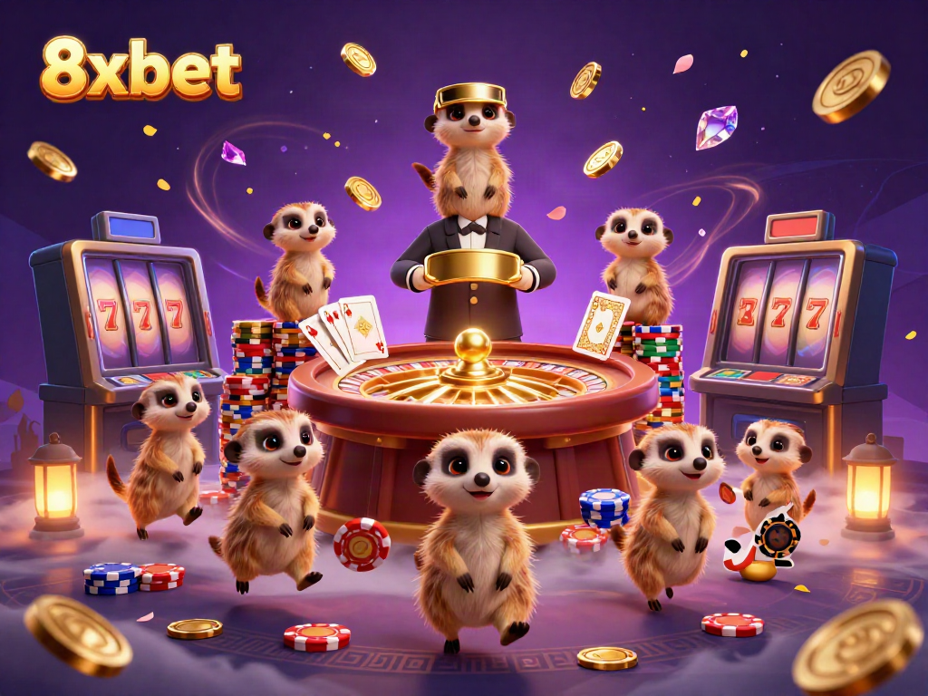Experience vibrant casino excitement with 8xbet's lively meerkat characters in a whimsical 3D illustration.
