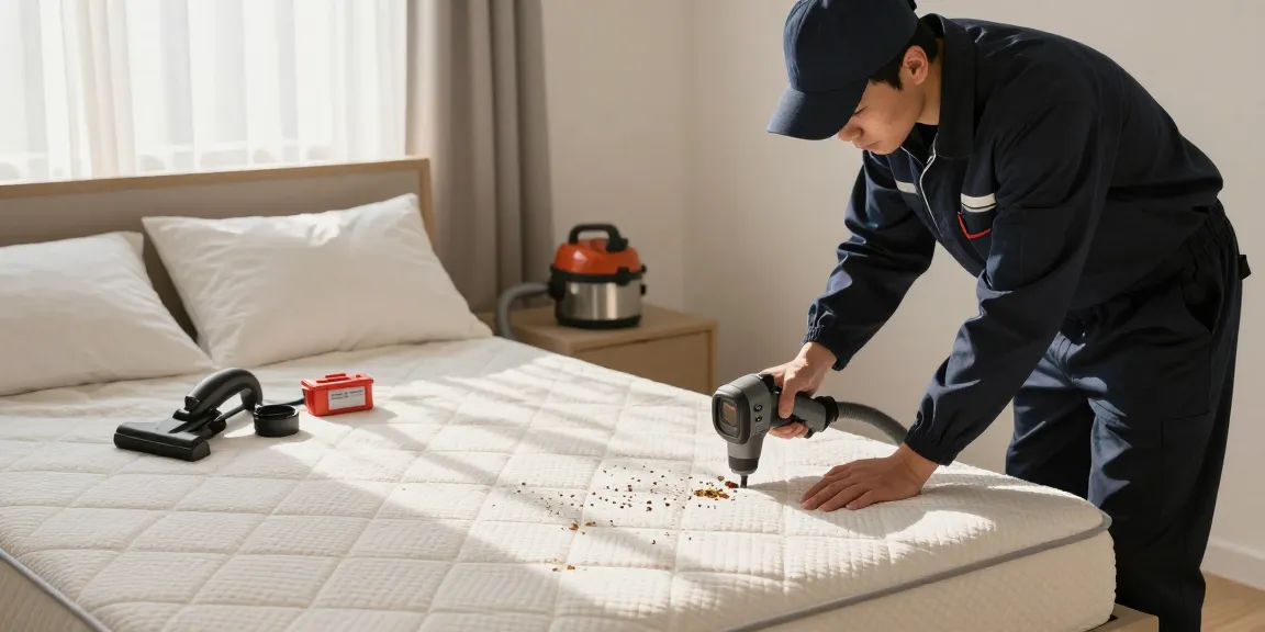 Effective bed bug control in a serene bedroom with a technician inspecting for pests.