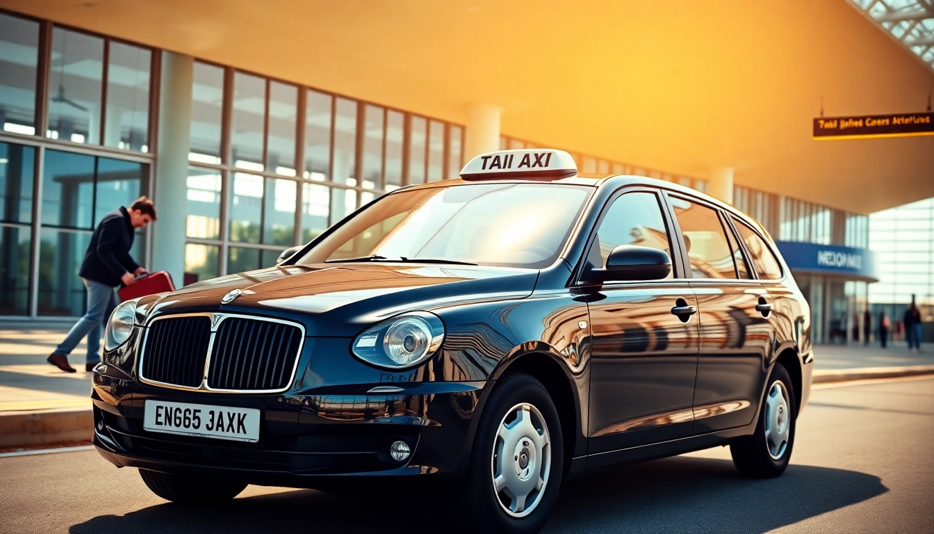 Taxi service at Heathrow airport highlighting a sleek cab and busy terminal.