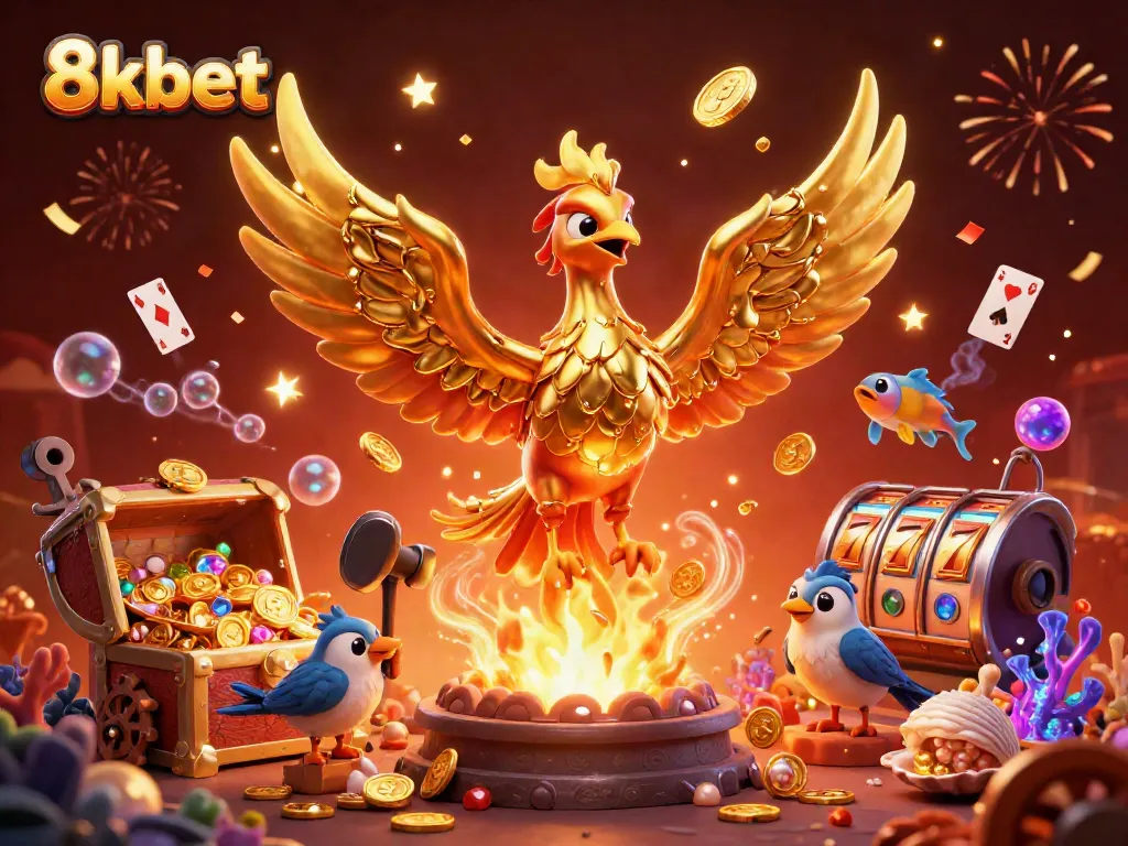 Experience the excitement with 8xbet's dynamic casino scene featuring a molten phoenix and treasure.