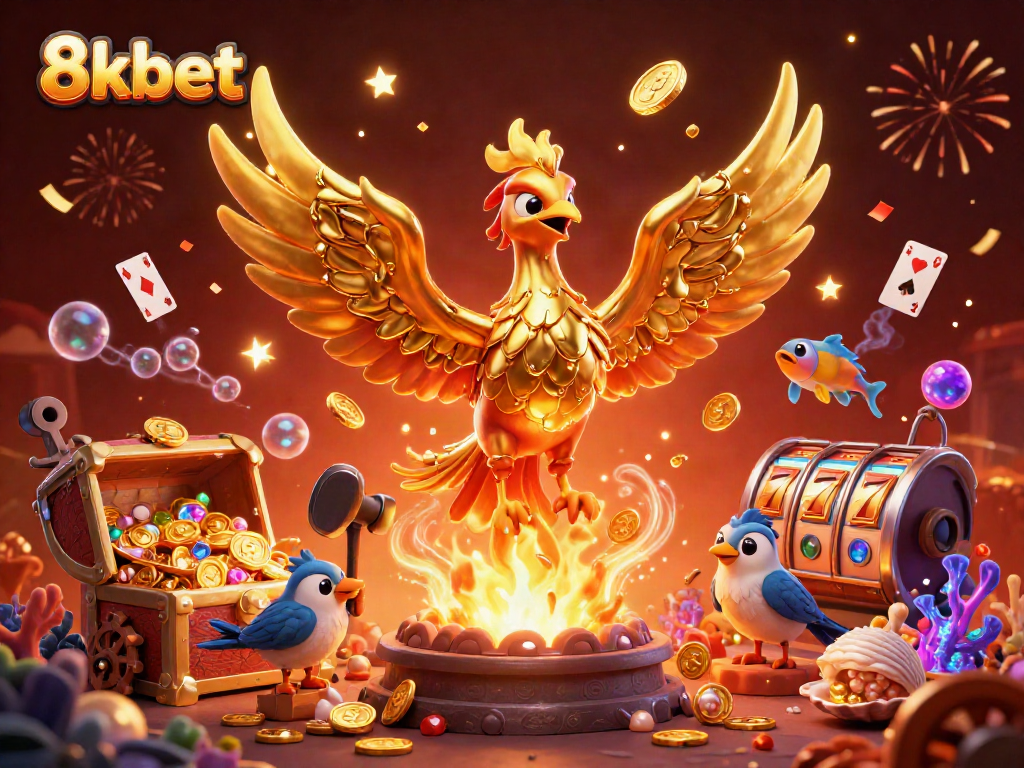 Experience the excitement with 8xbet's dynamic casino scene featuring a molten phoenix and treasure.