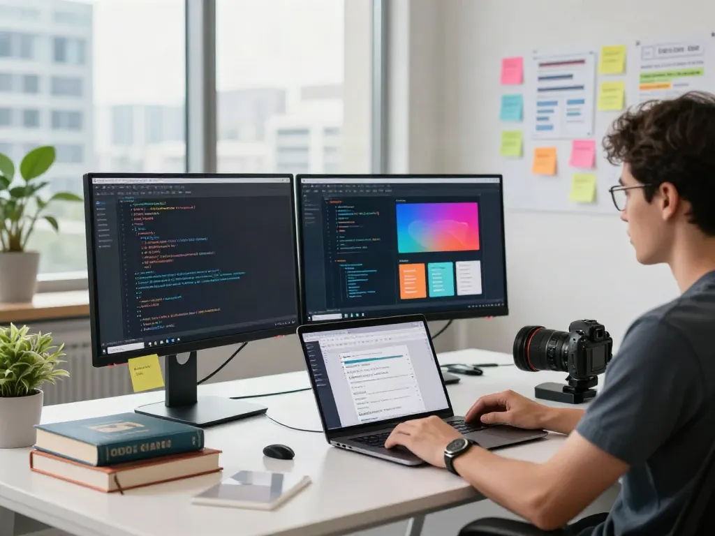 Coder working on innovative sites in a modern workspace with vibrant design mockups.