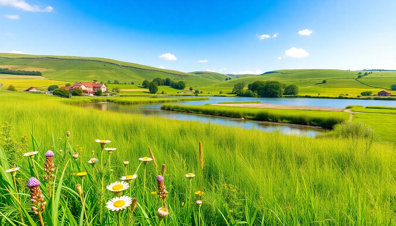 Pyrford landscape featuring vibrant fields and a tranquil river, showcasing natural beauty.