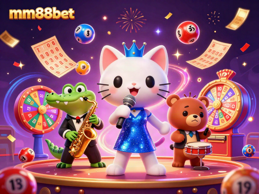 Experience the excitement of mm88bet with vibrant lottery balls, a lively performance, and dynamic casino elements.