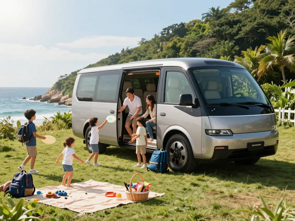 Minibuses parked at a scenic lookout, family unloading luggage and enjoying travel.