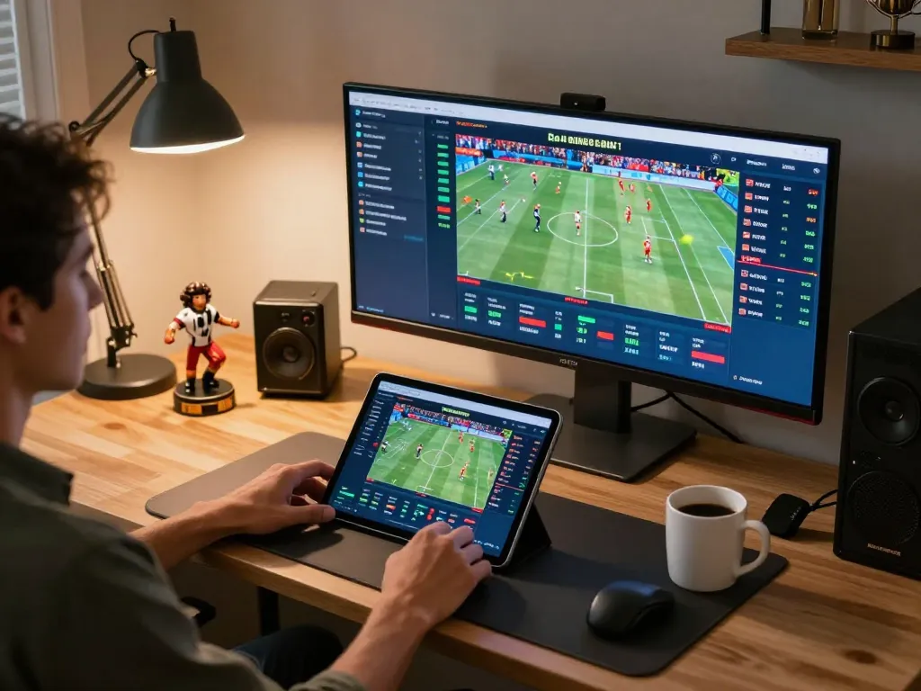 Experience online sports betting with 98win9 on a tablet in a cozy home office
