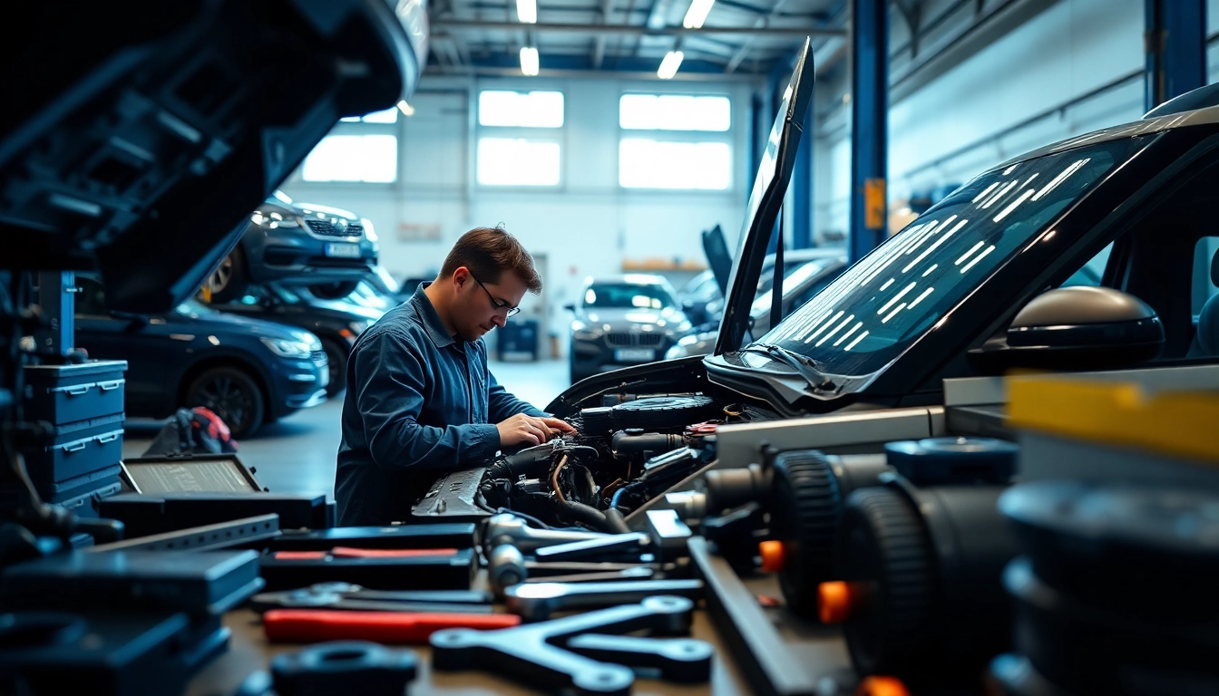 Kinghams technicians expertly repairing a Land Rover in a bright, professional garage.