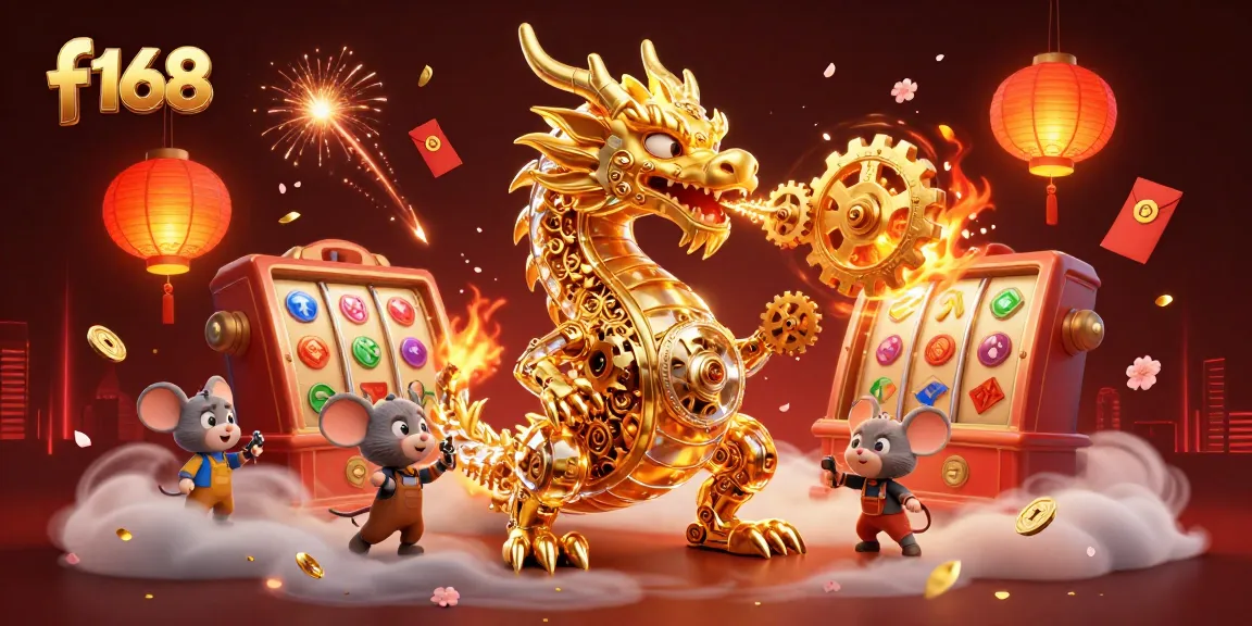 Experience the thrill of gaming at F168, featuring a dynamic scene with a golden dragon and slot reels.
