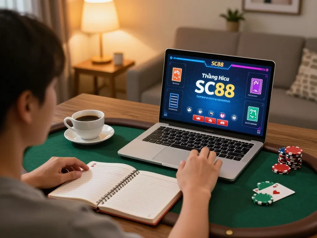 Engaged player using a laptop for online poker, showcasing Thương Hiệu SC88’s gaming experience.