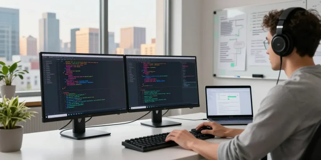 Developer using instant indexing tools at a modern tech workspace, showcasing coding and analytics.