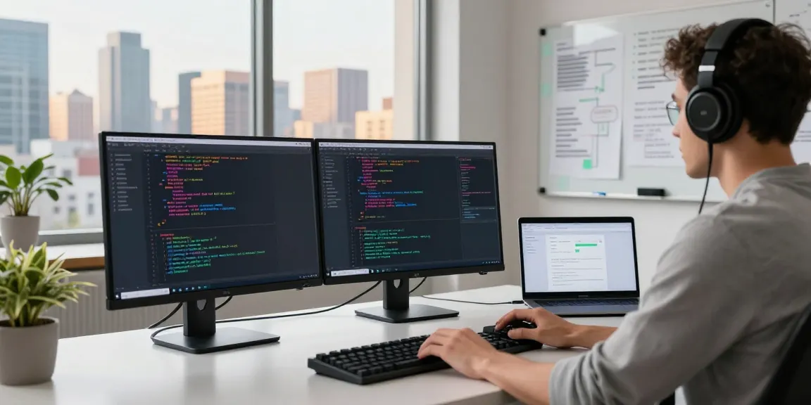 Developer using instant indexing tools at a modern tech workspace, showcasing coding and analytics.