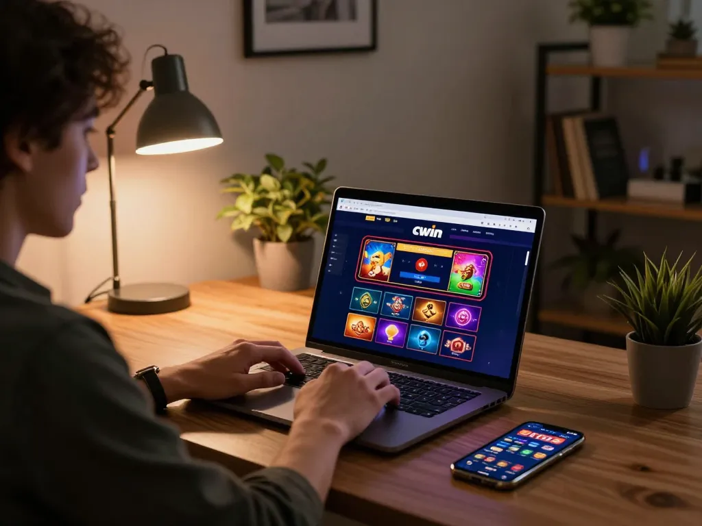 Cwin online gaming setup showcasing a laptop with vibrant casino interface and a smartphone, in a cozy home environment.