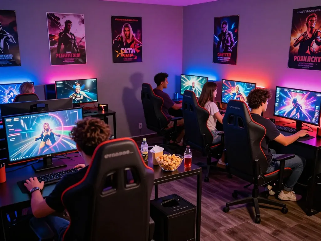 Engaging friends playing interactive sex games in a vibrant gaming lounge.
