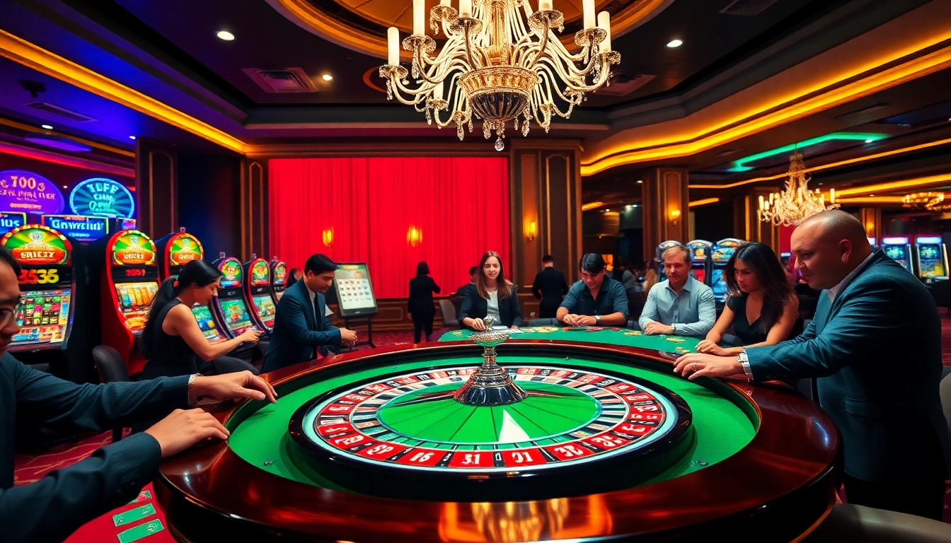 Players experiencing the thrilling atmosphere of 98win at a luxurious casino with roulette and slot machines.