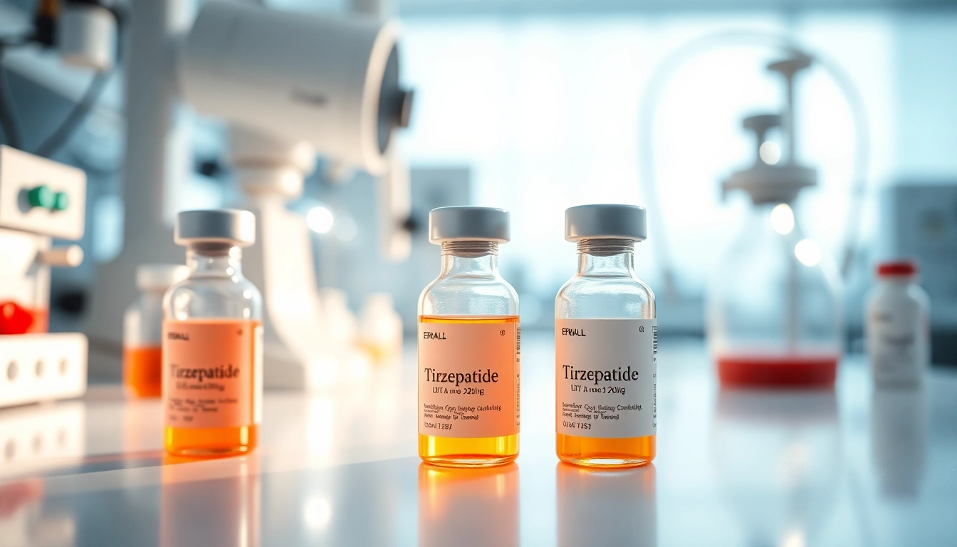 View of Tirzepatide vials in a professional lab setting, emphasizing medical innovation.