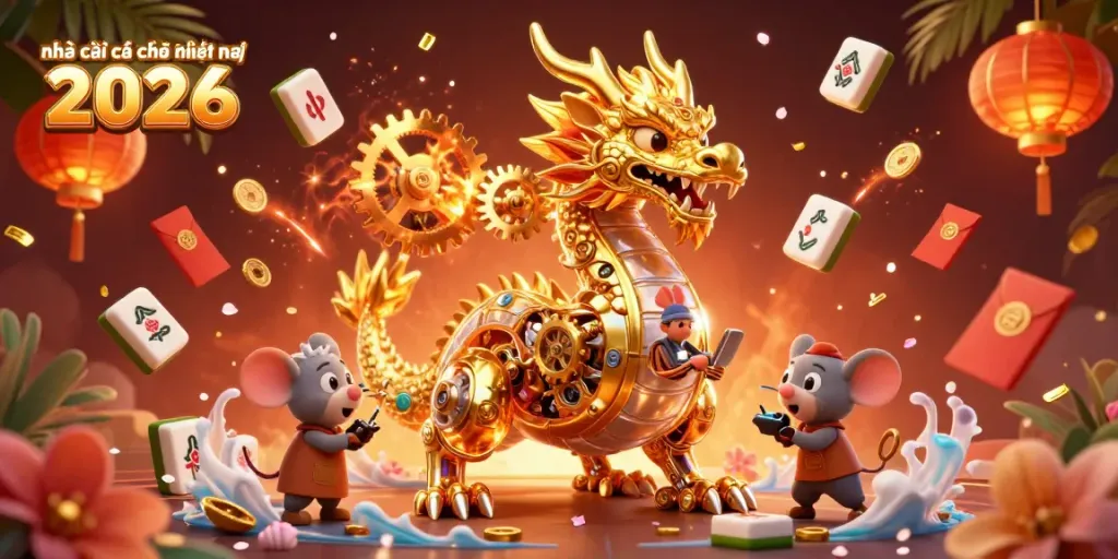Experience the thrilling world of nhà cái cá cược uy tín hiện nay 2026 with a golden dragon and vibrant casino elements.
