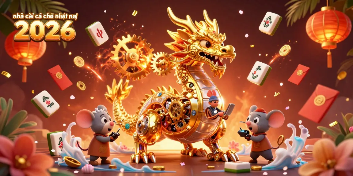 Experience the thrilling world of nhà cái cá cược uy tín hiện nay 2026 with a golden dragon and vibrant casino elements.
