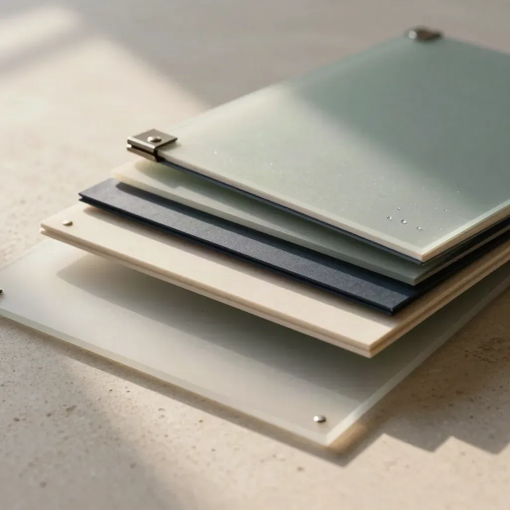Rain-beaded strategy boards and a presentation folio on pale stone, studio-lit hero still life.