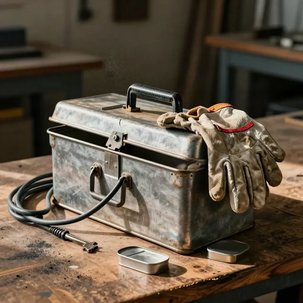Galvanised toolbox, extension lead, gloves and fuse tin lit in a dark workshop still life