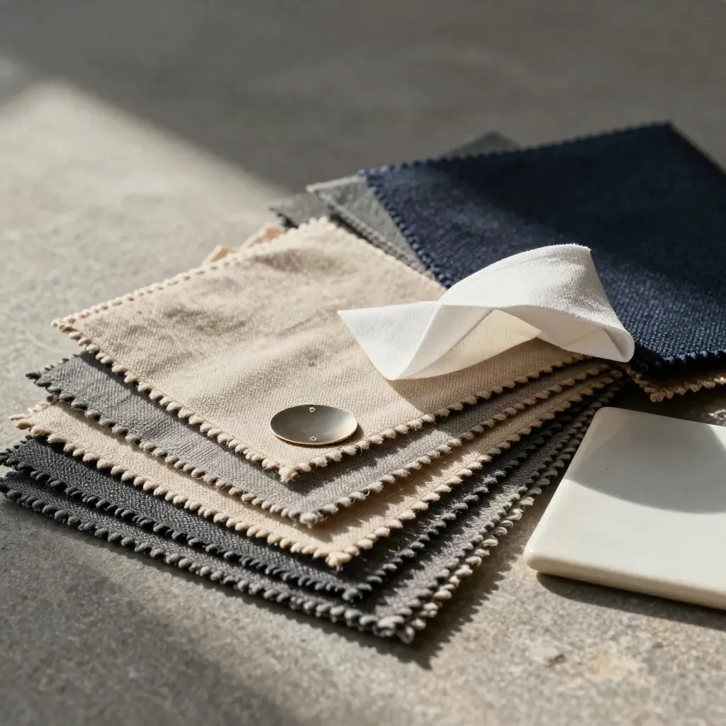 Fabric swatches, foil chip, tissue wrap and ceramic sample on stone under soft light.