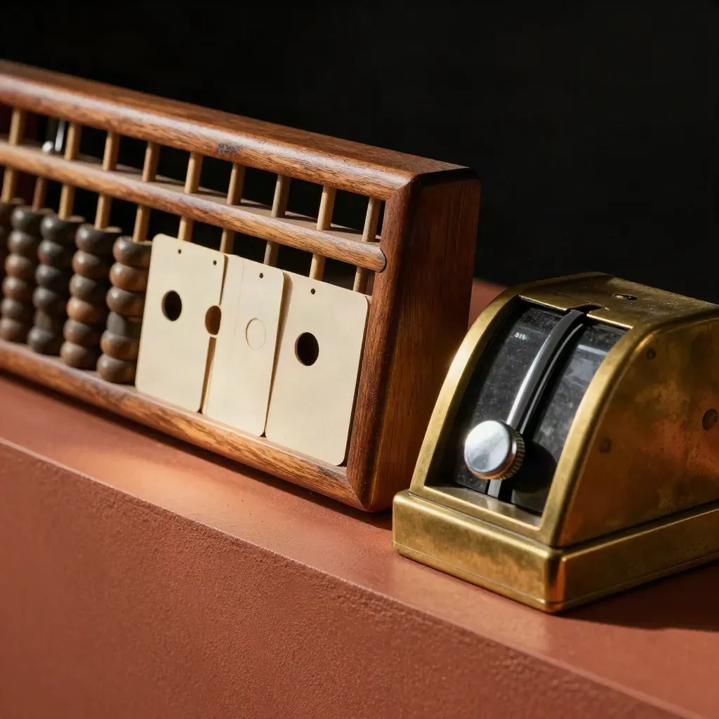 Macro still life of abacus, archive cards, brass paperweight, and tally counter